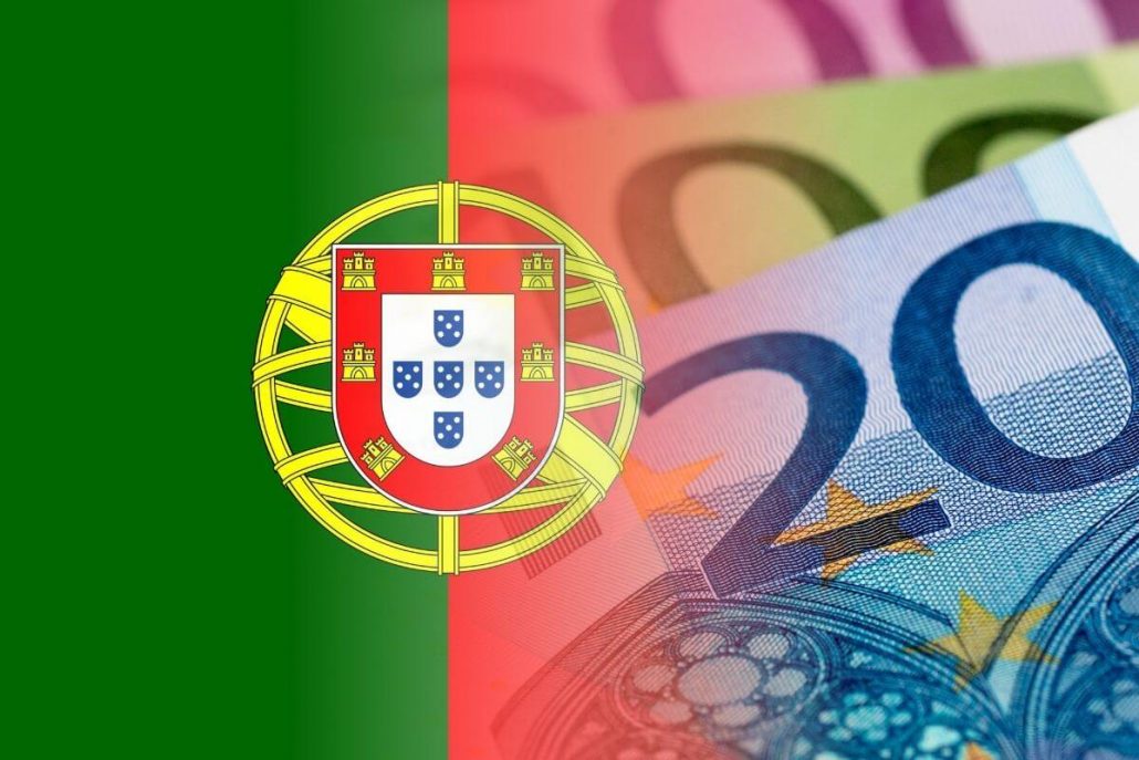 A picture of half a Portuguese flag and some euros on the other side